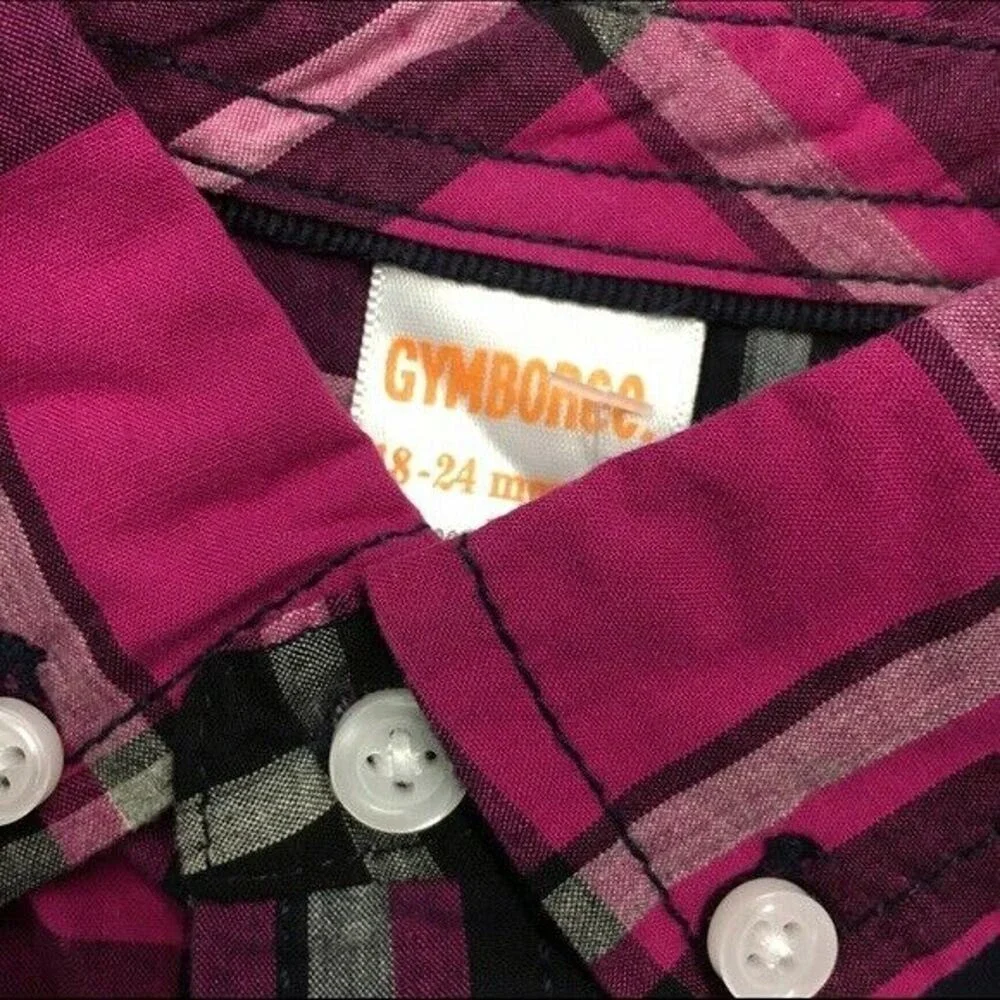 Gymboree Boys Shirt Size 18-24 Mo Fuchsia Plaid Holiday Gems Button Up Front NEW